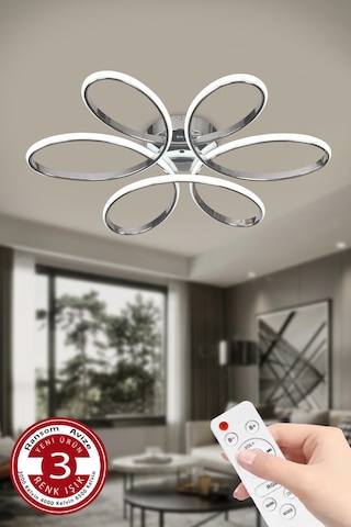 Ransom 3 Renk Kumandalı Plafonyer Led Avize Krom Büyük Salon Papatya Led