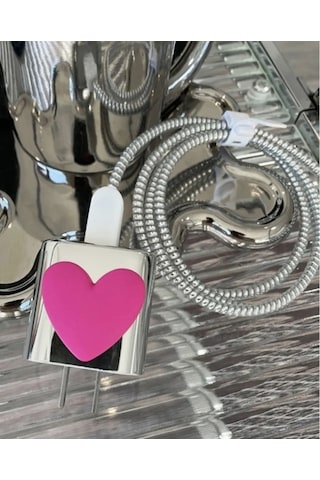Brokoli Home Apple Uyumlu iPhone 18w/20w Gümüş-pembe Kalp Şarj Kılıfı, Şarj Kablosu Örme Aparatı, Kablo Ko Diğer