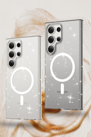 Samsung Galaxy S23 Ultra Uyumlu Renkli Magneticsafe Parlayan Simli A+ Kalite Silikon Kapak - Siyah