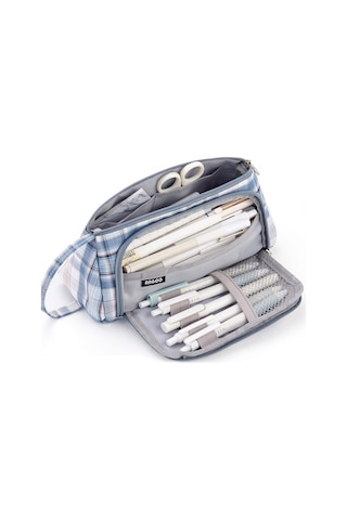 Çizgili Desenli Geniş Kapasiteli Okul Kalem Kutusu - Büyük Boy Fonksiyonel Kırtasiye Organizer MAvi