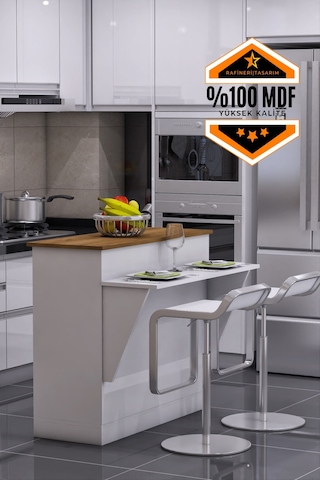 Mutfak Masası Ada Şeklinde Bar Masa Ile Birlikte Azure Mdf Ceviz