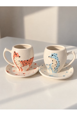 Leopar Desenli İki Kişilik Türk Kahvesi Takımı Beyaz - Krem