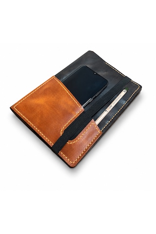 Bilikolik Hakiki Deri A5 Defter Kılıfı, El Yapımı, Telefon Cepli Ajanda Organizer, Defter Ve Kalem Dahil Koyu Kahve - Turuncu