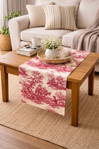 Toile De Jouy %100 Pamuk Dekoratif Masa Runner 40x110 Cm - Zt310 Kırmızı