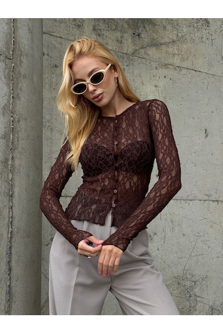 Kadın Bisiklet Yaka Önden Düğmeli Full Esnek Dantel Bürümcük Spor Şık Tasarım Gece Bluzu Kahverengi
