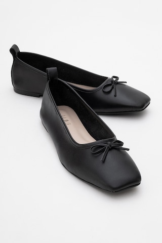 Luvishoes Luvi Shoes Sosa Siyah Cilt Hakiki Deri Küt Burunlu Fiyonklu Kadın Babet Ayakkabı Siyah Cilt