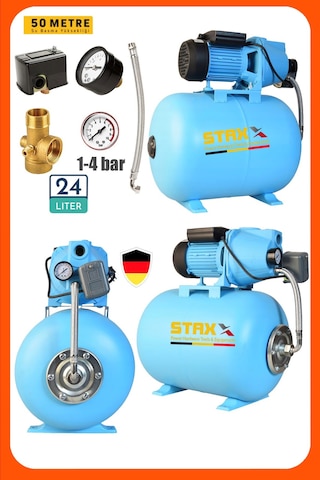 Staxx Stx1590 Yüksek Basınçlı 1.5 Hp Jet Su Pompası 24 Litre Yatay Küre Tanklı Otomatik Hidroforset