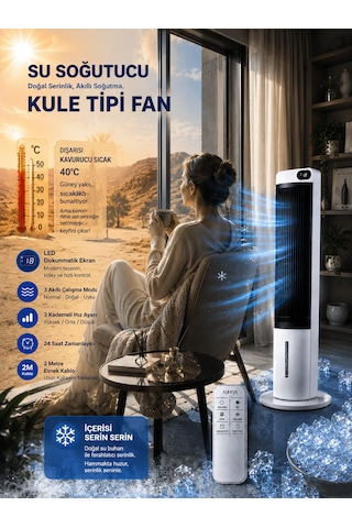 Sessiz Kule Tipi Hava Soğutucu 40 İnç 70w 3l Su Tanklı Led Dokunmatik Ekranlı Vantilatör Fan