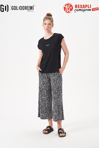 Gd Goldoremi 29128 Premium Kadın Desenli Rahat Kesim Bol Paça Kısa Kollu Pijama Takım Siyah