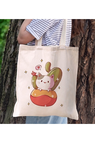 Bk Gift Kedi Tasarımlı Kanvas Bez Çanta, Baskılı Omuz Çantası, Alışveriş Çantası, Plaj Çantası, Arkadaşa Hediye-9 Sarı