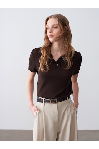 Dilvin 10871 Lyocell Karışımlı Polo Yaka Bluz-koyu Kahve
