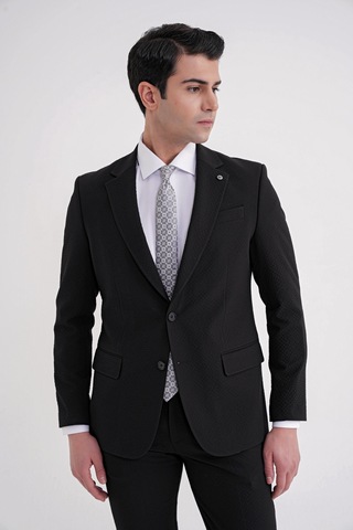 Efor Slim Fit Çift Yırtmaç Gofre Kumaş Esnek Siyah Spor Takım Elbise Tk 940 Siyah