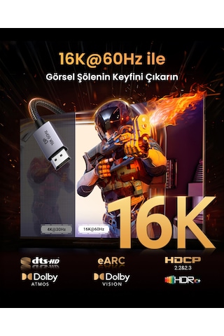 Ugreen Displayport 16k 60hz Male To Male Örgülü Kablo 1m, 55567 -