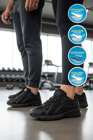 Walkway Siyah Fileli Hafif Esnek Hafızalı Taban Unisex Spor Ayakkabı Ruth G Siyah