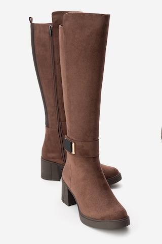 Luvishoes Moreni Kahverengi Süet Streç Detaylı Tokalı Kadın Kalın Topuklu Çizme Kahverengi