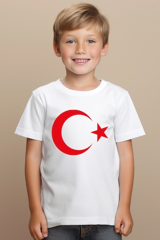 Aselinda 23 Nisan Ay Yıldızlı Türk Bayraklı Tişört Beyaz Çocuk Tişört - Bisiklet Yaka Çocuk Tişört BEYAZ