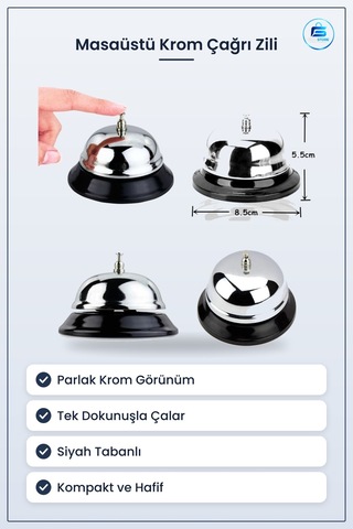 Masaüstü Krom Metal Resepsiyon Çağırma Zili Siyah Tabanlı Otel Ka