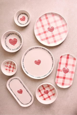 Hearts 14 Parça 6 Kişilik Kalpli Seramik Stackable Kahvaltı Seti Sunum Tabağı Cokrenklı Pembe
