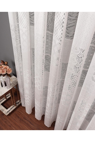 Evdepo Home Patchwork Desen Tül Perde 1/2 Seyrek Pile - Tek Kanat - Ekru