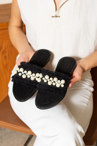 Dabab Shoes Mınoa Kadın İnci Detaylı Hasır Dokulu Düz Siyah Terlik