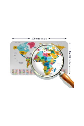 Türkçe Ülke Bayrak Lı Eğitici Başkent Detaylı Atlası Dünya Haritası Duvar Sticker -60x105-3834 - Renkli Çok Renkli
