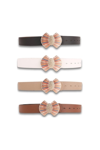 Vos Versa Renkli Mineli Gold Tokalı Siyah İnce Kadın Kemeri Vosdk0101101 Beyaz