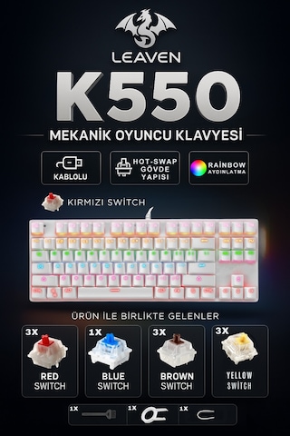 K550 Mekanik Oyuncu Klavyesi-değiştirilebilir Switch-rainbow Rgb Aydınlatma-87 Tuş