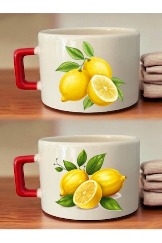 Limonlar 2'li Kahve Fincanı - Hediye Kutusu Hazırlama Ürünü, Kocaya Hediye, Resimli Hediyeler Beyaz