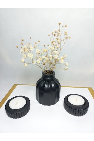 İnce Çizgili Vazo - Modern & Minimal Dekoratif Obje, Salon Ve Ofis Çiçeklik, Siyah Siyah