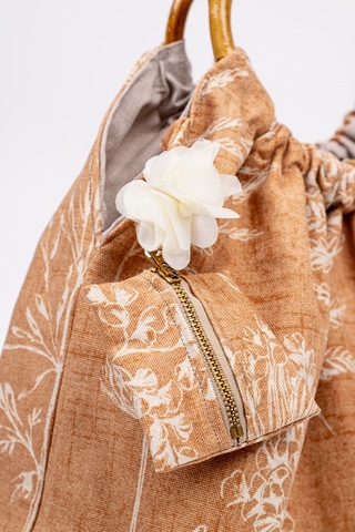 Fabric Craft Bag El Çantası Keten Kumaş Bambu Saplı Çiçek Desen Taba - Kahverengi