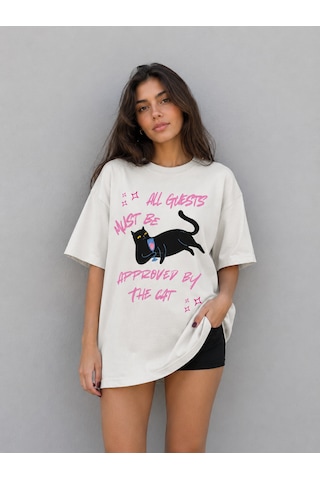 Montree Kedi Guests Baskılı Oversize %100 Pamuk Premium T-shirt Beyaz