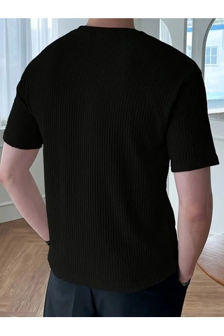 Erkek Kısa Kollu Bisiklet Yaka Triko Tişört Siyah
