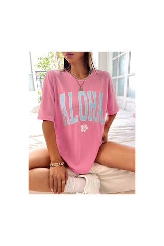 Aloha T-shirt - Pembe Baskılı Oversize Bisiklet Yaka Kısa Kol Tişört Pembe