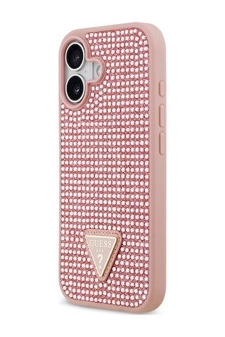 Apple Uyumlu iPhone 17 Kılıf Guess Lisanslı Taşlı Arka Yüzey Üçgen Logolu Kapak Pembe