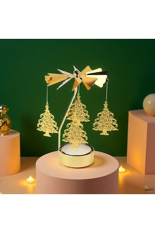 Çam Ağacı Temalı Tealight Mumluk Dekoratif Masa Üstü Aksesuar Gold