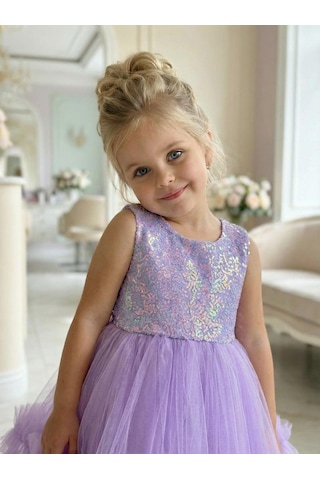 Butikhappykids Kız Çocuk Lila Payetli Volanlı Tüllü Prenses Abiye Elbise 1-5 Yaş Lila