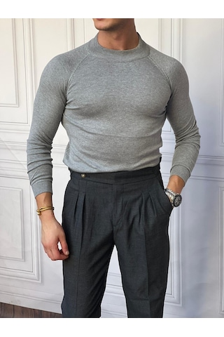 Modefendi Slimfit Kalıp Pamuklu Triko Yarım Balıkçı Triko Kazak Gri