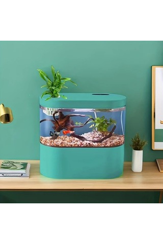 Xuweiwei Led Işıklı Dahili Su Pompası Mini Masaüstü Akvaryum Camgöbeği Beyaz Pembe Siyah Turkuaz Reçine Balık Tankı Ev Dekoru