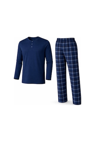 Mutlu City Erkek Mevsimlik Uzun Kollu 3 Düğmeli Ekose Alt Pijama Takımı 16652 İndigo