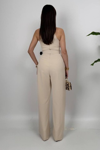 Amber Kadın Kemer Detaylı Askılı Bol Paça Taş Tulum Rahat Şık Yazlık Kombin Taş