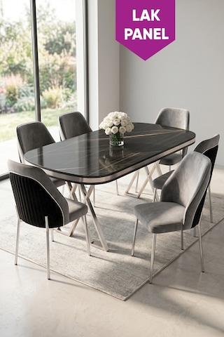 Lindia Serisi 90x168 Lak Panel Siyah Mermer Masa Gri Sandalye Krom Ayaklı Masa Takımı 6 Gri Sandalye