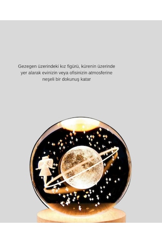 Muratech Sarı Işıklı Dekoratif Cam Küre Kız Figürlü Ahşap Standlı Büyük