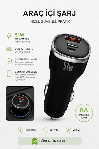 Nivego 51w Pd 6a Araç İçi Hızlı Şarj Cihazı Usb-c + Usb-a Çift Çıkışlı Type-c Ve İphone Uyumlu Oto Çakmaklık Şarj Adaptörü