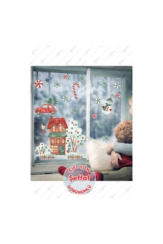 Yılbaşı Karlı Ev Ağaçlar Yeni Yıl Süsleri Çocuk Bebek Odası Sticker Seti - Şeffaf Dijital Baskı
