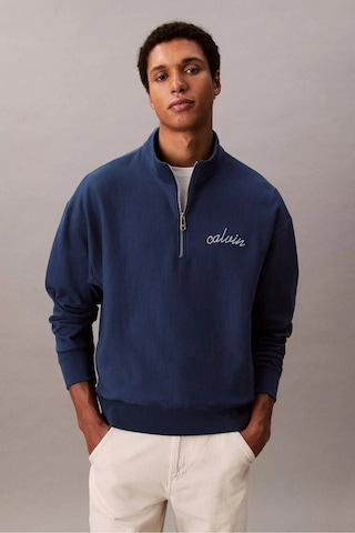 Erkek Yarım Fermuarlı Logolu Sweatshirt - Mavi-8783 Blue Jean