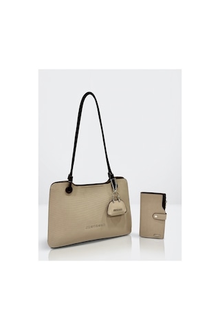 Just Polo Lüks Tasarım Model Büyük Boy Premium Gümüş Logolu El Çantası Ve Cüzdanı Kombin Tote Bag Shopper 22 X 34 Cm Kum Kahve Kombin