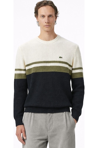 Lacoste Erkek Classic Fit Haroşa Örgü Renk Bloklu %100 Pamuk Lacivert Bej Haki Kazak Lacivert
