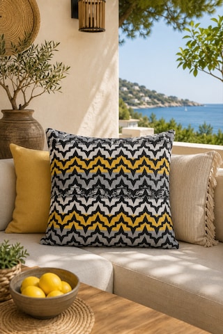 Fuly Consept Rhythmweave Noir Siyah Gri Hardal Dokulu Görünümlü Modern Geometrik Kırlent Kılıfı Çok Renkli