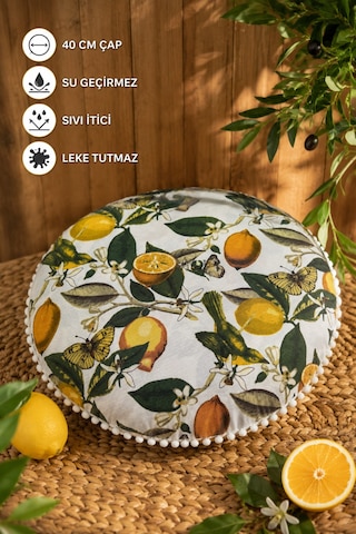 Yuvarlak Minder 40 Cm Ponponlu Limon Desenli Su Geçirmez Sıvı İtici Bahçe Balkon Minderi Çok Renkli