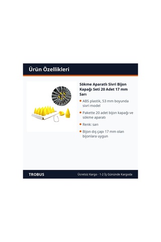 Trobus Sökme Aparatlı Sivri Bijon Kapağı Seti 20 Adet 17 Mm Sarı